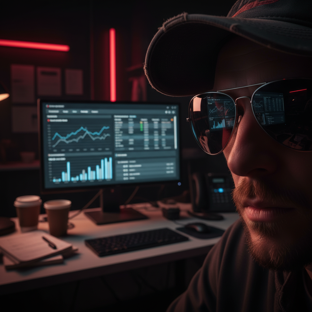 Freight broker credit report on screen reflected in trucker sunglasses