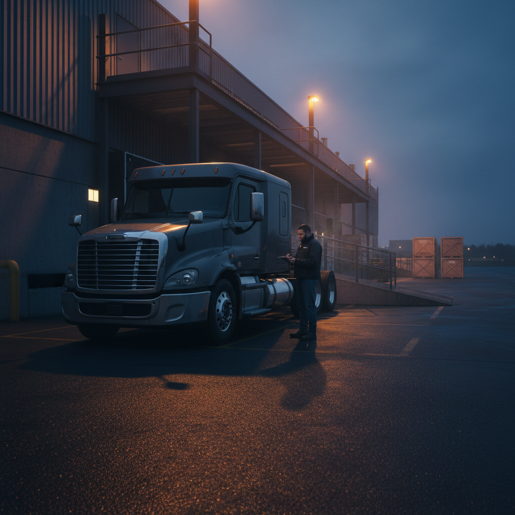 Semi-truck driver documenting arrival time at a loading dock at dusk