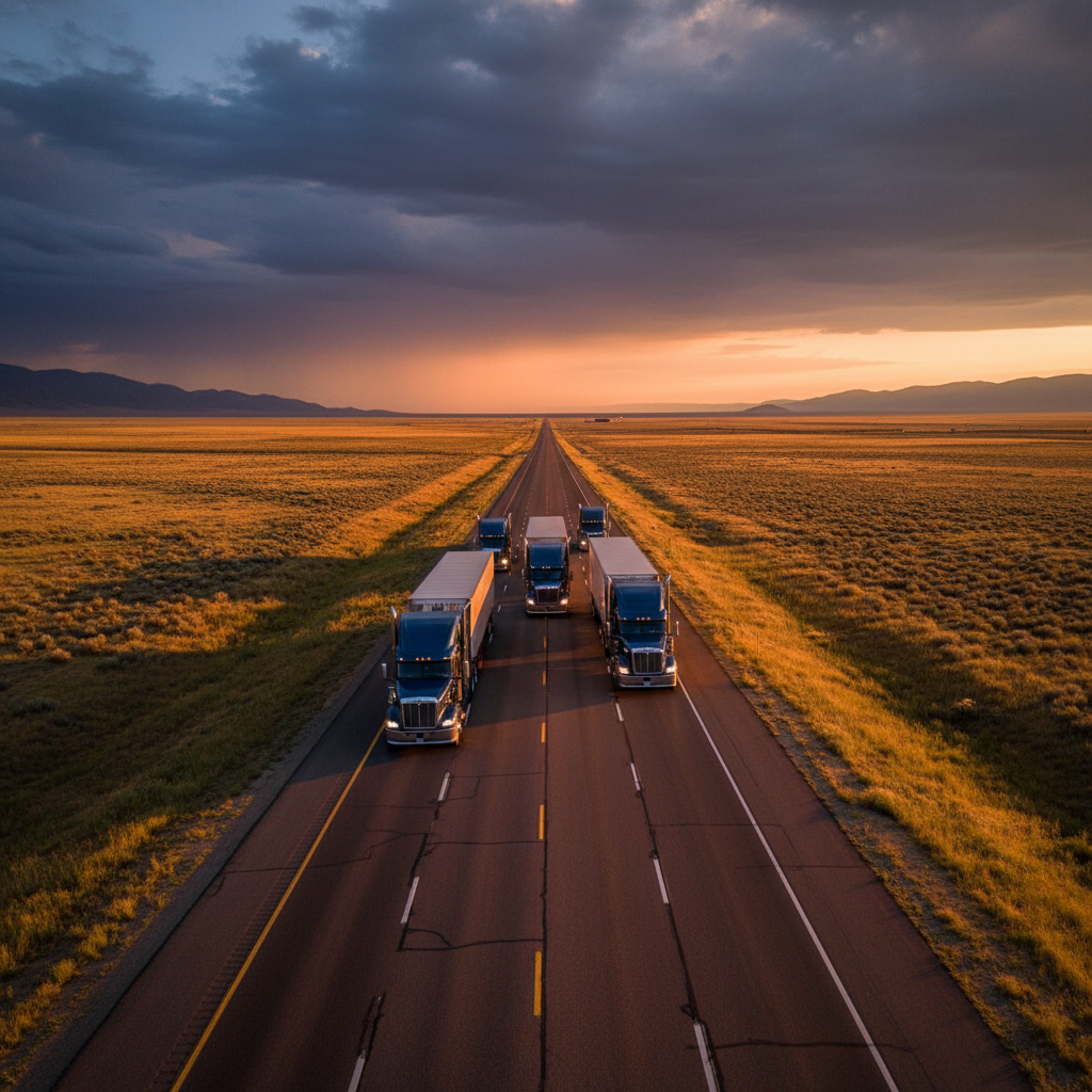 Aerial view of semi-trucks running a power lane corridor at golden hour