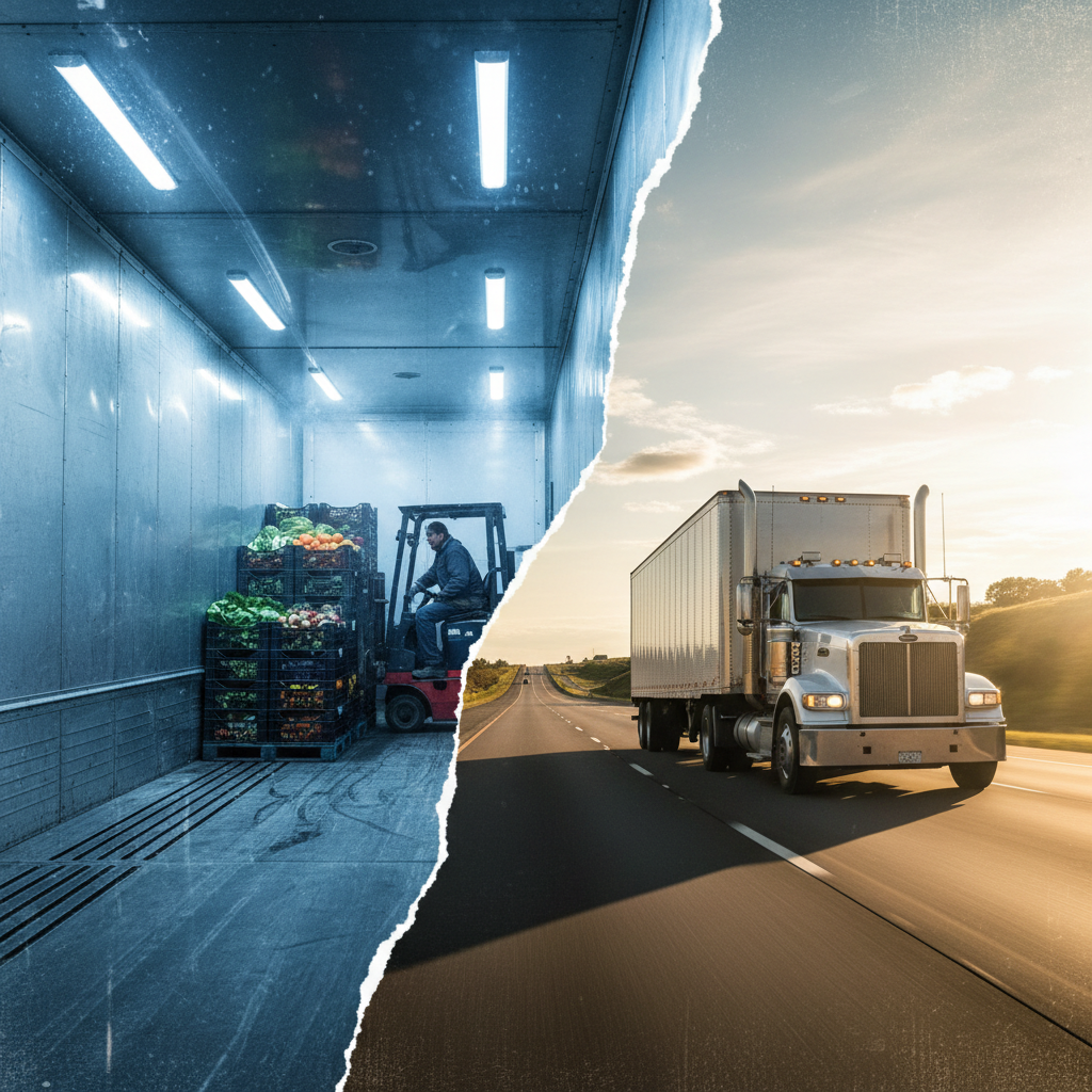 Split comparison of reefer trailer in cold warehouse versus dry van on highway